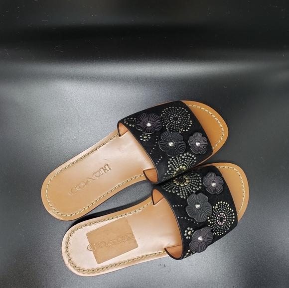 Coach size 5 black Rivet Tea Rose slide sandal - Picture 7 of 10